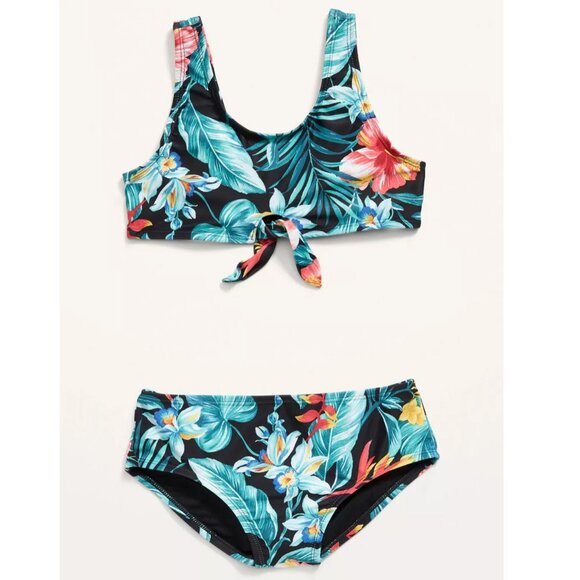 Old Navy Girls Black Tropical Floral Tie-Front Swim Top & Bikini Bottom - Picture 1 of 4